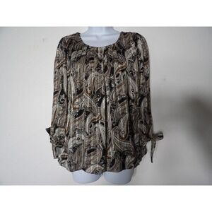 Sara Michelle Large Blouse Keyhole Paisley Boho Sheer Gauzy Career Tie Sleeve